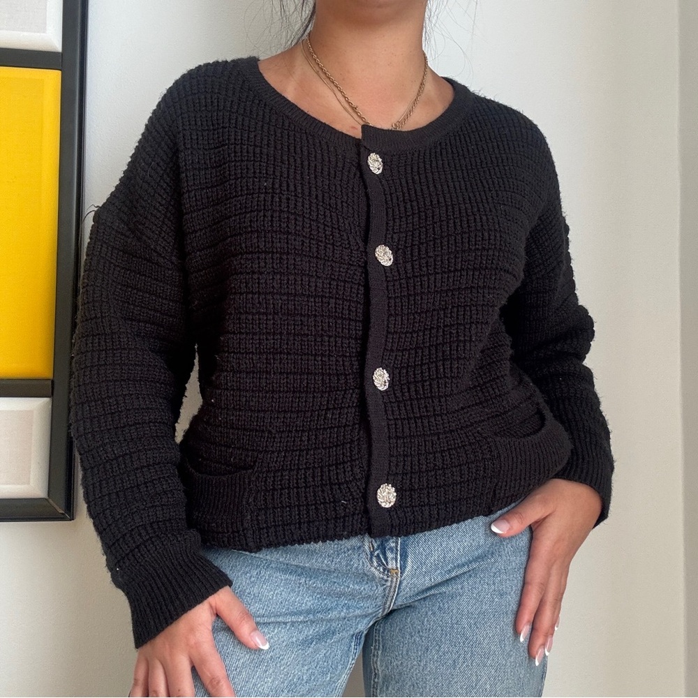 Black Knit Button-Front Cardigan Sweater